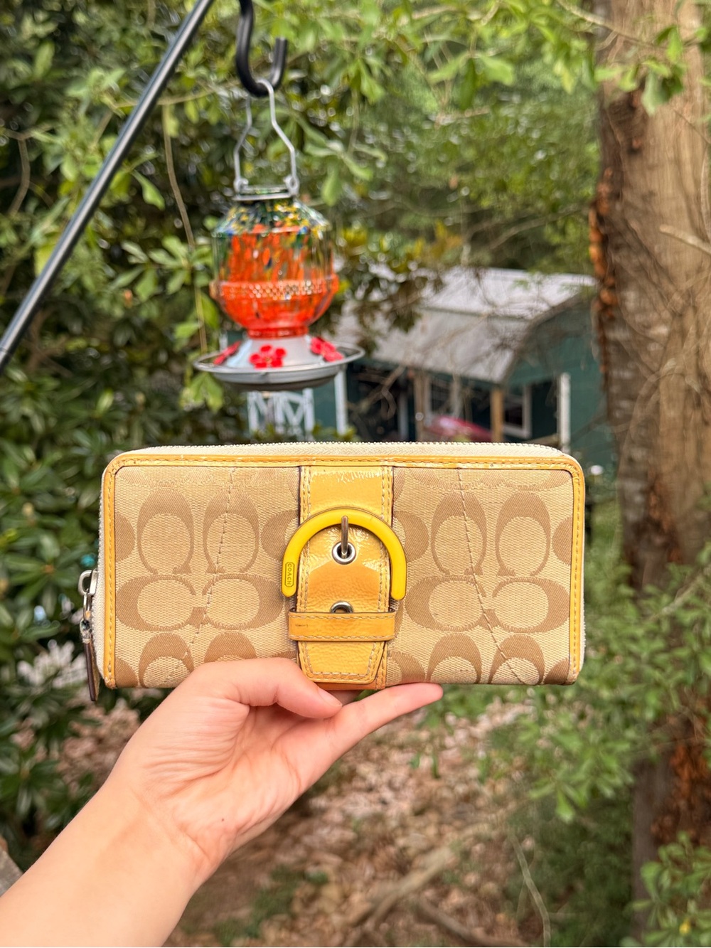 Coach Khaki Signature Canvas Wallet with Yellow Trim and Buckle